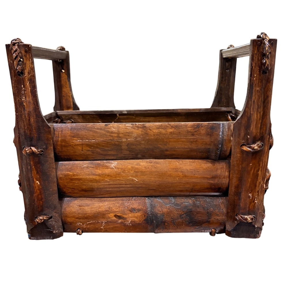 VTG MCM Brutalist Burnt Bamboo‎ Magazine Rack Planter Box Rustic Log Boho Tiki
